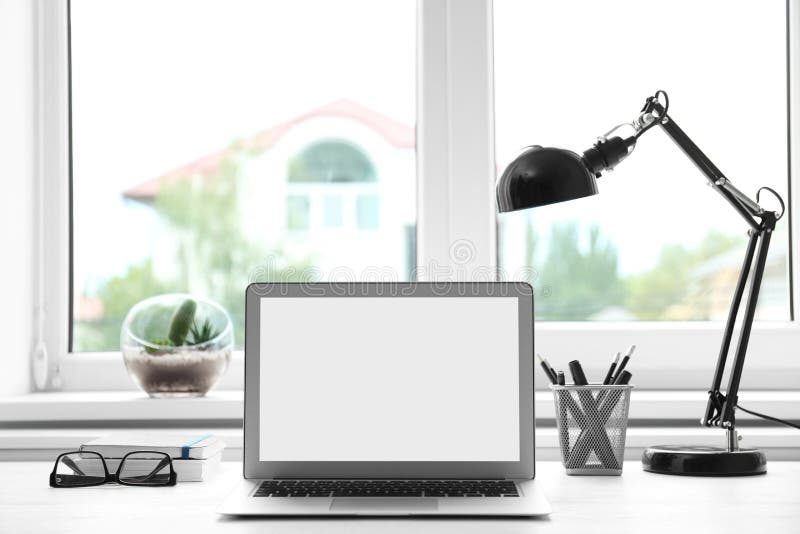 Modern Laptop on Desk Near Window Stock Image Image of monitor, place