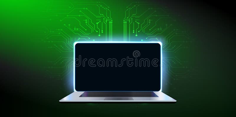 Modern laptop displaying a blank screen with glowing circuit patterns in a dark ambient background royalty free illustration
