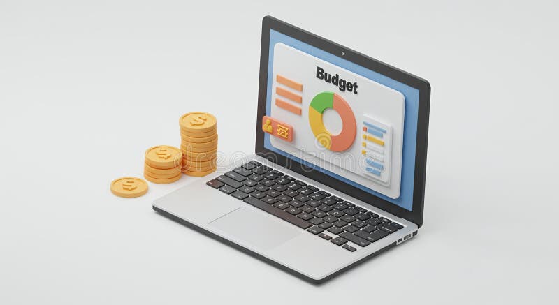 Modern Laptop Displaying Budget Analysis with Gold Coins 3D Render stock illustration