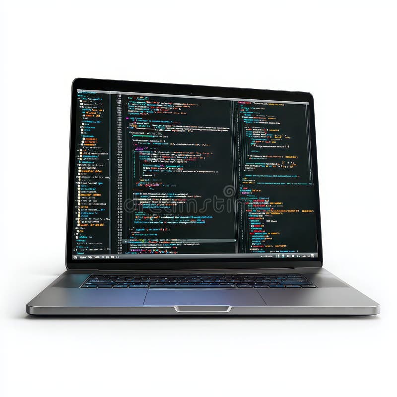 Modern Laptop Displaying Colorful Programming Code on Screen stock illustration