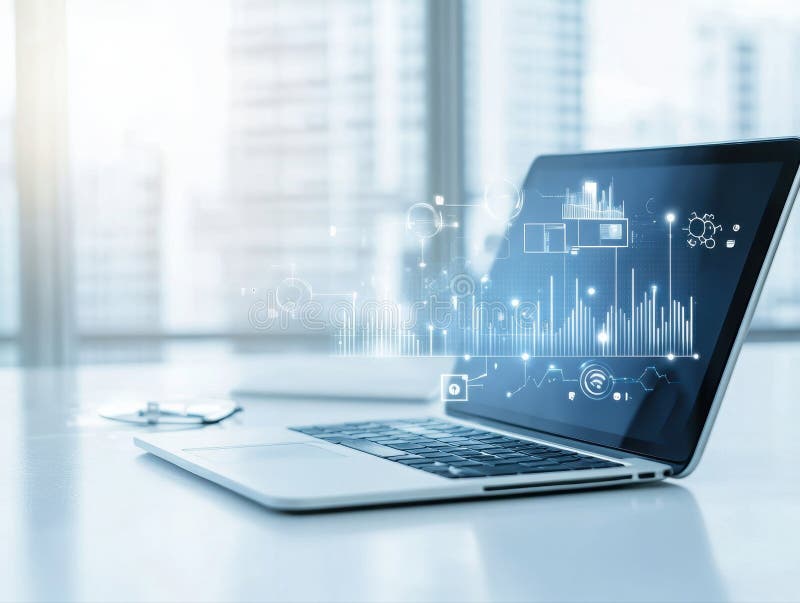 A modern laptop displaying digital data visualizations sits on a sleek white desk in a bright office, symbolizing stock photography