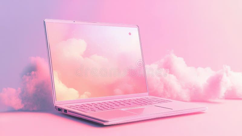 Modern laptop displaying pink clouds on screen in a dreamy atmosphere stock video
