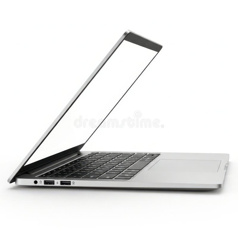 The image depicts a sleek, modern laptop with a distinctive design. The laptop is open, showcasing its keyboard and screen. The screen is uniquely elevated by a stand attached to the back of the device, creating an angle for better viewing. The laptop has a silver or gray metallic finish, giving it a professional and elegant appearance. There are several ports visible on the side of the laptop,. Laptop side angle illustrations
