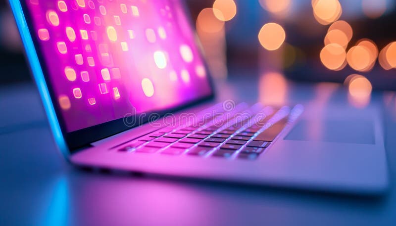 Modern Laptop Glowing with Abstract Pink and Blue Neon Light, Contemporary Technology Concept vector illustration