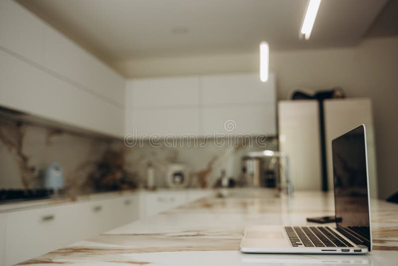 Modern Laptop in a Modern Kitchen Stock Photo Image of notebook