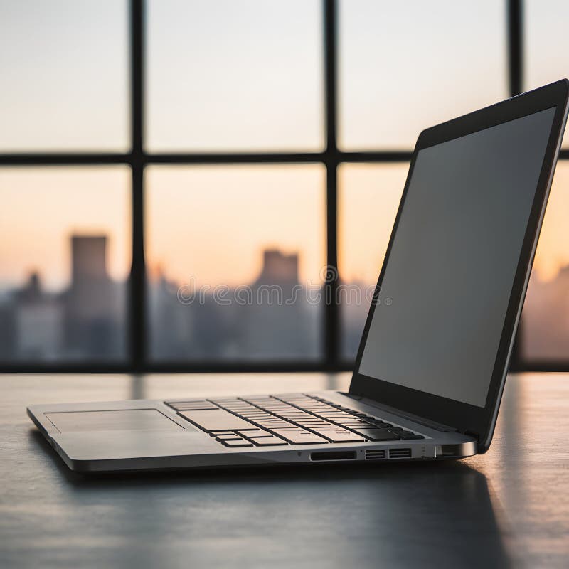 Laptop on desk, city skyline during golden sunset, warm ambiance vector illustration