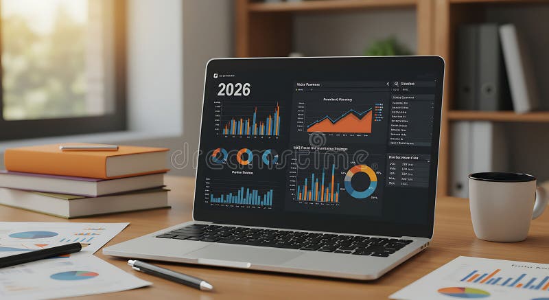 Modern laptop screen shows 2026 business analytics vector illustration