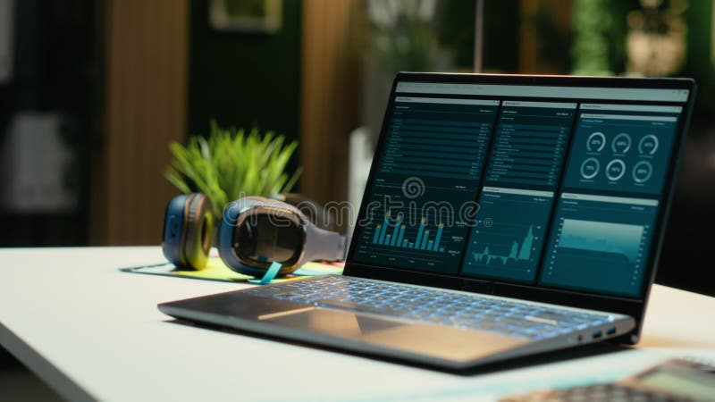 Modern laptop showcasing data reports in an empty office late at night stock video