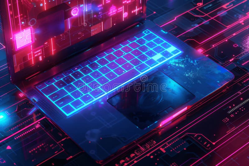 Modern laptop showing holographic code in abstract cyberspace royalty free stock photo