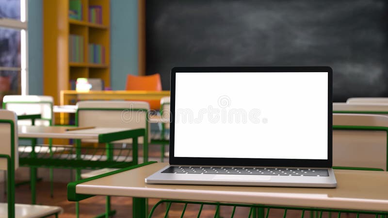 Modern laptop with white blank screen placed on desk against classroom at school. 3d animation stock video footage