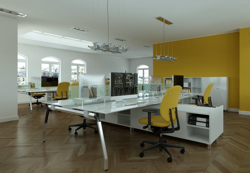 Modern Yellow Office Interior Design 3d Rendering Stock Illustration