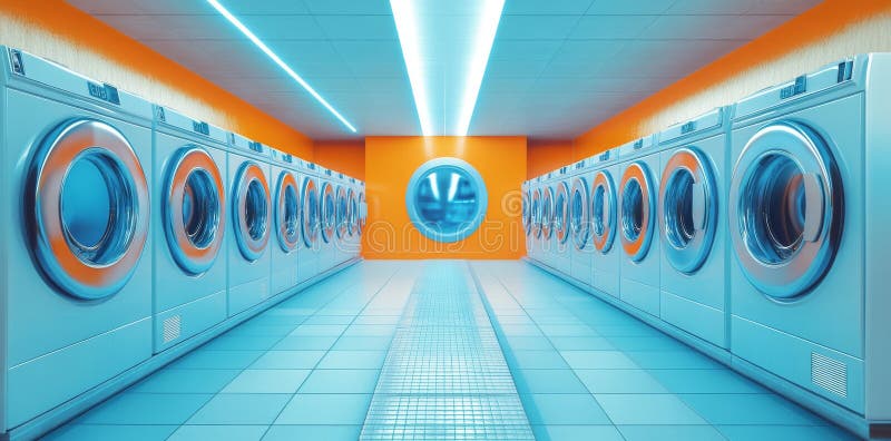 A modern laundromat with rows of stainless steel washing machines. Generative AI. vector illustration