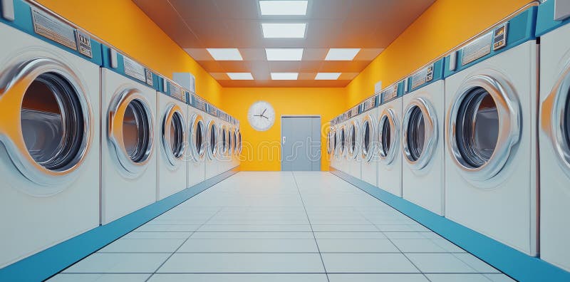 A modern laundromat with rows of stainless steel washing machines. Generative AI. royalty free illustration
