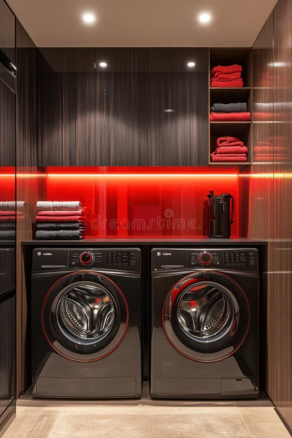 Modern Laundry Design and Functionality. A sleek laundry room featuring stylish black appliances and illuminated storage royalty free stock photo