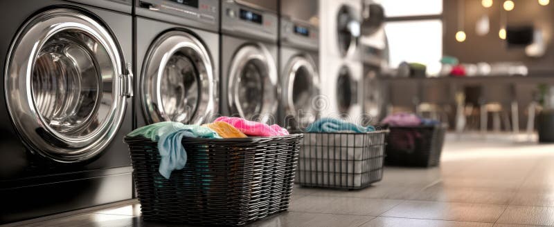 The modern laundry room featuring sleek machines and colorful textile baskets.. image royalty free stock photo.