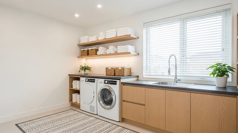 Modern laundry room interior, bright lighting vector illustration