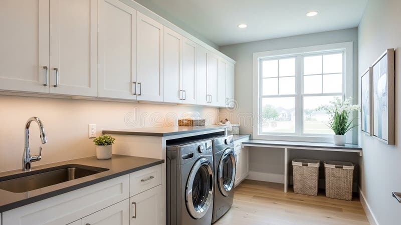 Modern laundry room interior, bright lighting stock illustration