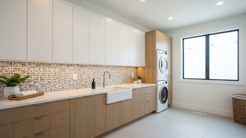 Modern laundry room interior, bright lighting royalty free illustration