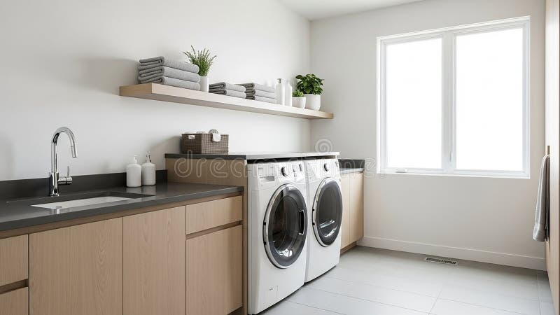 Modern laundry room interior, bright lighting vector illustration