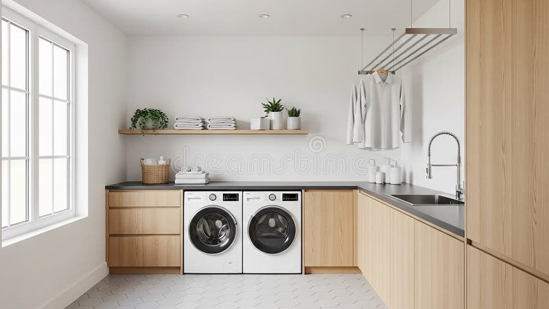 Modern laundry room interior, bright lighting stock illustration