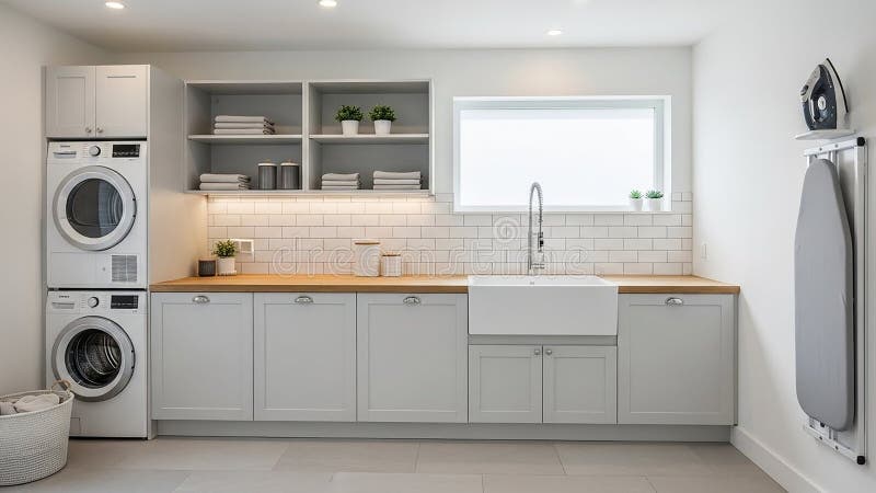 Modern laundry room interior, bright lighting royalty free illustration