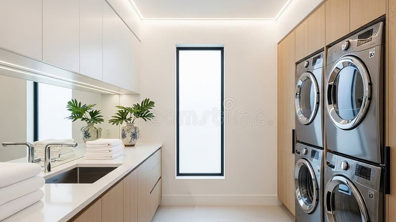 Modern laundry room interior, bright lighting vector illustration