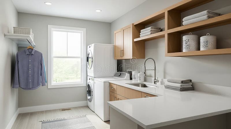 Modern laundry room interior, bright lighting royalty free illustration