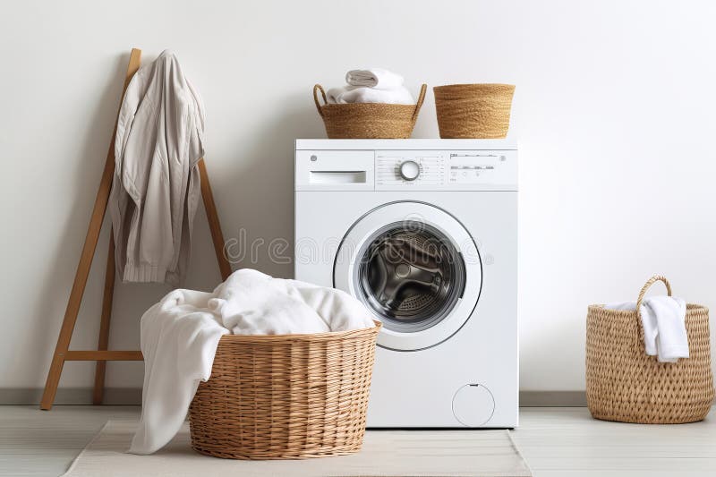 Modern Laundry Room with Natural Wicker Laundry Baskets and Washing