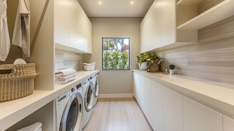 Modern Laundry Room with White Cabinets and Stone Tile vector illustration