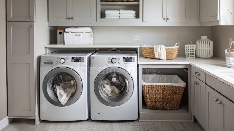 Modern Laundry Room with White Cabinets and Washing Machines royalty free illustration