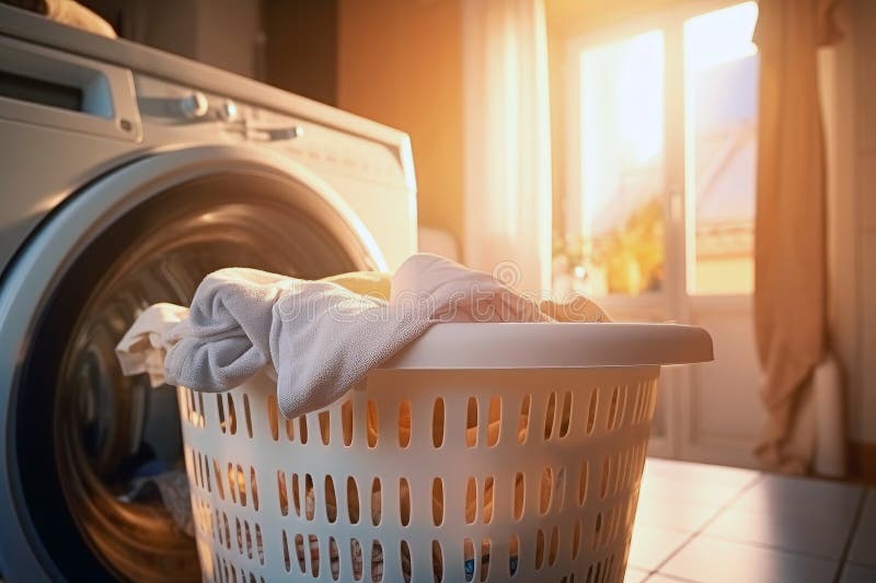 A modern laundry setup: a high-tech washing machine and a neatly stacked laundry basket vector illustration