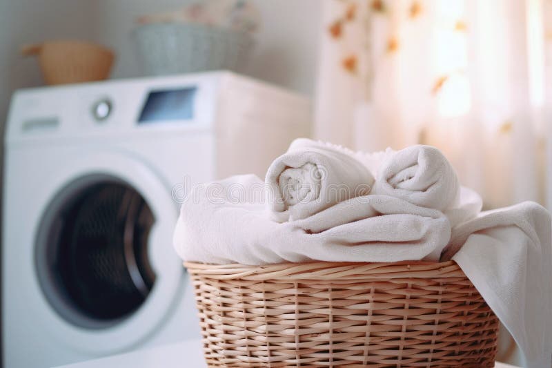 A modern laundry setup with a high-tech washing machine and a tidy laundry basket vector illustration