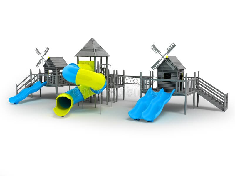 Modern lekplats för svartvita två blåa glidbanor för barn och en gul tolkning för mellanlägg 3d på en vit bakgrund med en shado stock illustrationer Modern lekplats för svartvita två blåa glidbanor för barn och en gul tolkning för mellanlägg 3d på en vit bakgrund med en shado stock illustrationer