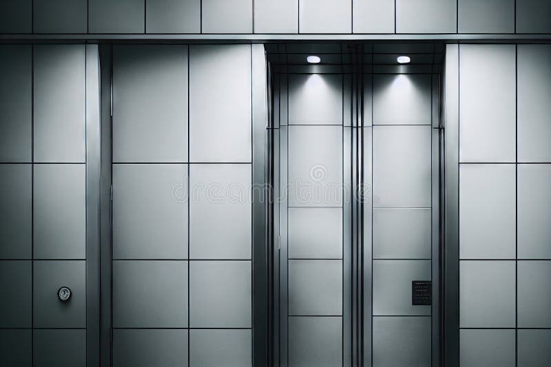 Modern Lift Doors in Office Space with Additional Lighting Stock Photo