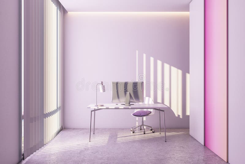 Modern Light Pink Home Office Workplace with Daylight. Stock
