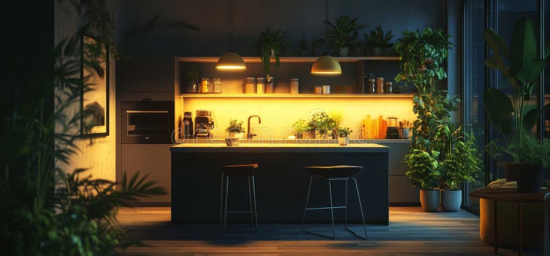 Modern lighting and a garden view complement the sophisticated dark interior of this kitchen royalty free stock image