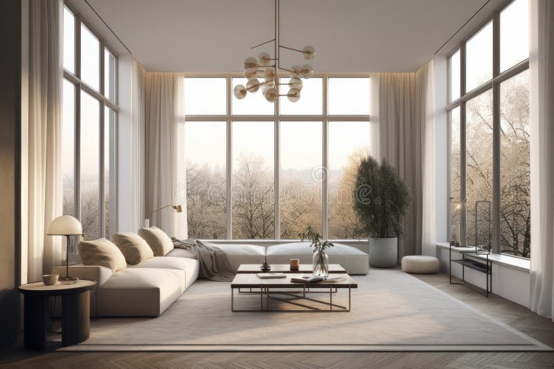 Modern Living Room with Big French Windows, 3d Rendering Stock