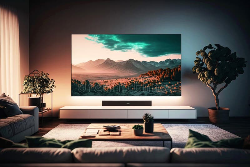 Modern Living Room with Big Tv Screen. Generative Ai Stock Illustration Illustration of
