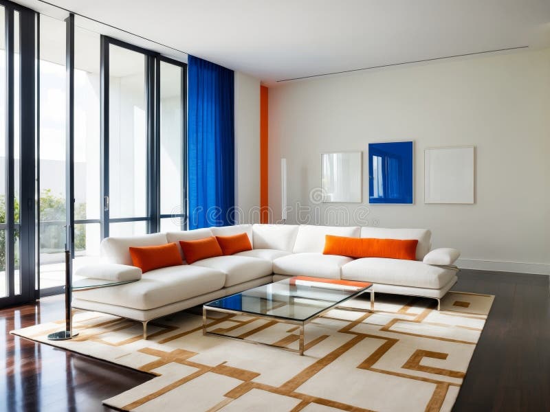 Modern Living Room with Blue and Orange Accents Stock Photo Image of