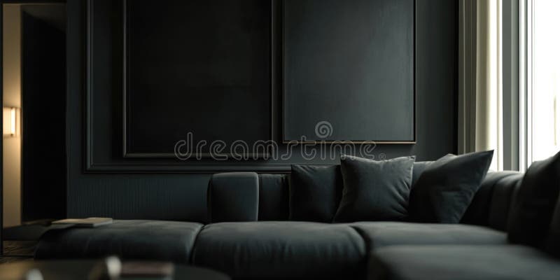Modern Living Room with Dark Palette stock photos