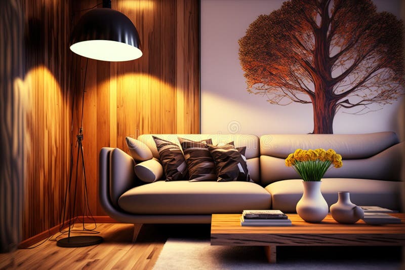 Modern Living Room Design with Sofa and Wooden Lamp Stock Illustration