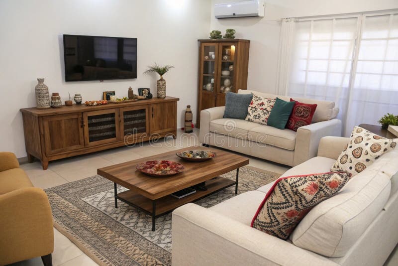 Modern Living Room with Creative Wooden Table vector illustration