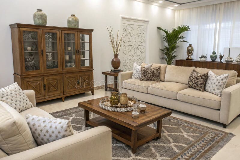 Modern Living Room with Creative Wooden Table royalty free illustration