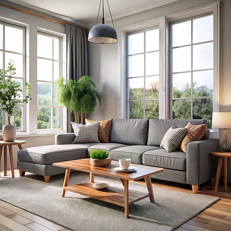 Modern Living Room with Grey Sectional Sofa, Coffee Table, and Large