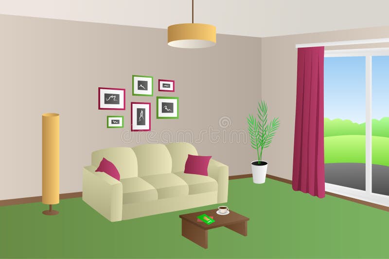 Modern living room interior beige green sofa red pillows lamps window illustration stock illustration Modern living room interior beige green sofa red pillows lamps window illustration stock illustration