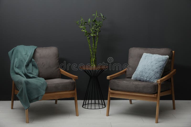 Modern Living Room Interior with Comfortable Armchairs and Green Bamboo Stock Photo Image of