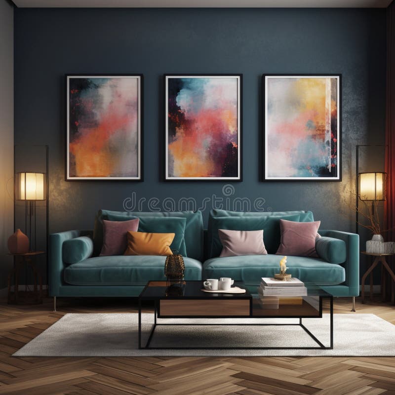 Modern Living Room Interior with Dark Sofa and Artwork Frames Stock