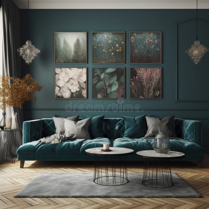 Modern Living Room Interior with Dark Sofa and Artwork Frames Stock