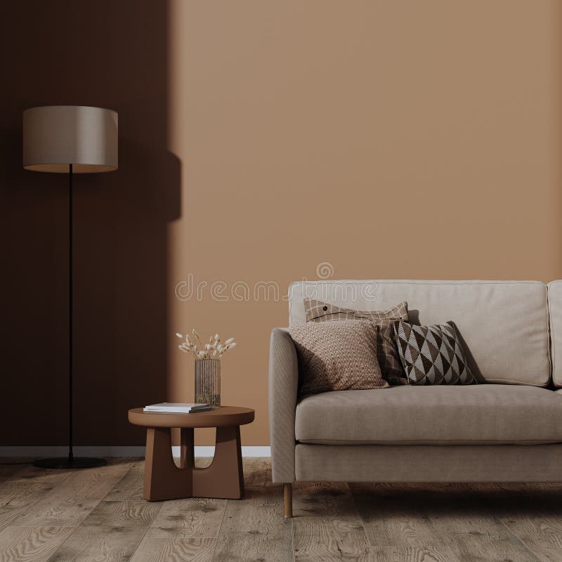 Modern Living Room Interior Mockup, Mocha Mousse Brown Color, 3d