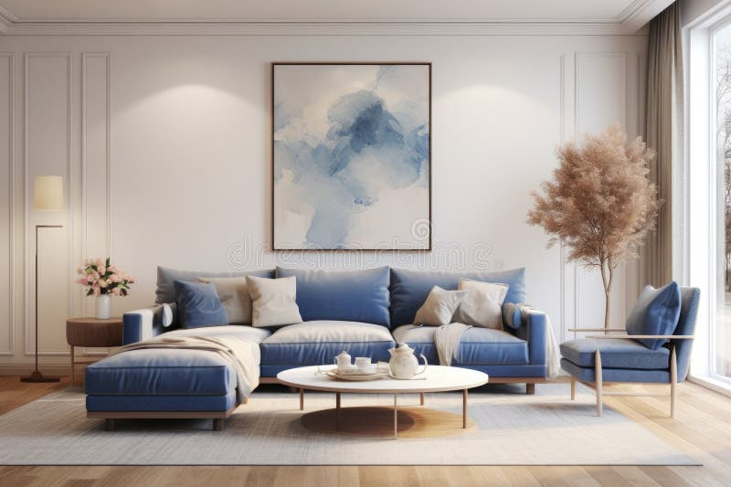 Modern Living Room Interior with a Sofa and Large Window Stock Photo